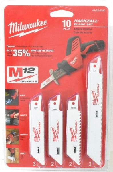 Milwaukee Tool - 10 Piece, 4" Long x 0.035" Thick, Bi-Metal Reciprocating Saw Blade Set - Straight Profile, 6 to 24 Teeth per Inch - Exact Industrial Supply