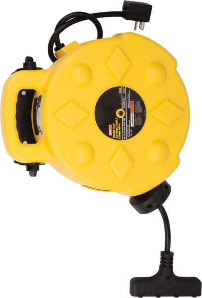 Bayco - 12 AWG, 50' Cable Length, Cord & Cable Reel with Outlet End - 4 Outlets, NEMA 5-15R, 15 Amps, SJTW Cable, Yellow Reel - Exact Industrial Supply