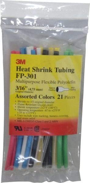 3M - 6" Long, 2:1, Polyolefin Heat Shrink Electrical Tubing - Black, Blue, Clear, Green, Red, White, Yellow - Exact Industrial Supply