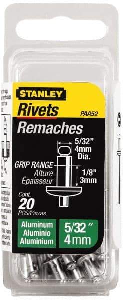 Stanley - Aluminum Color Coded Blind Rivet - Aluminum Mandrel, 0.031" to 1/8" Grip, 5/16" Head Diam, 0.156" to 0.164" Hole Diam, 0.3" Length Under Head, 5/32" Body Diam - Exact Industrial Supply