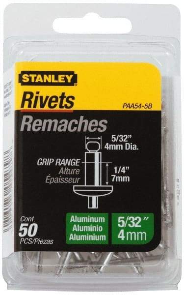 Stanley - Aluminum Color Coded Blind Rivet - Aluminum Mandrel, 0.188" to 1/4" Grip, 5/16" Head Diam, 0.156" to 0.164" Hole Diam, 0.425" Length Under Head, 5/32" Body Diam - Exact Industrial Supply