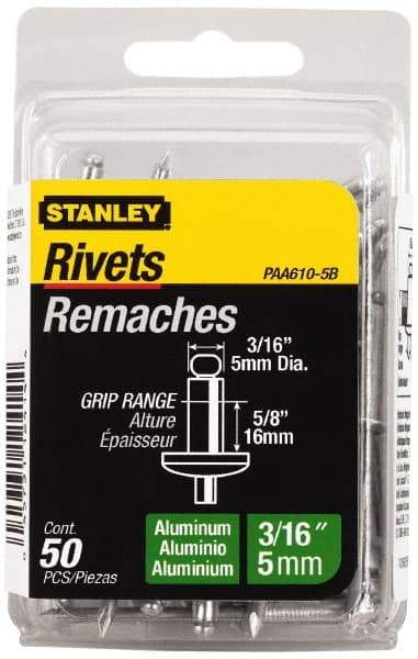 Stanley - Aluminum Color Coded Blind Rivet - Aluminum Mandrel, 1/2" to 5/8" Grip, 3/8" Head Diam, 0.188" to 0.196" Hole Diam, 0.825" Length Under Head, 3/16" Body Diam - Exact Industrial Supply