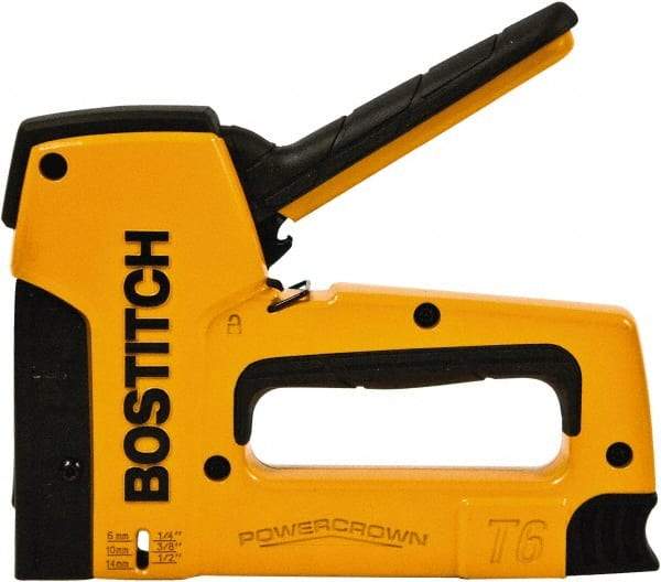 Stanley Bostitch - Manual Staple Gun - 1/4, 5/16, 3/8, 1/2, 9/16" Staples, 84 Lb Capacity, Yellow, Aluminum Die Cast - Exact Industrial Supply