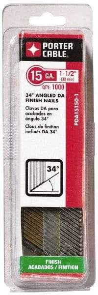 Porter-Cable - 15 Gauge 1-1/2" Long Finishing Nails for Power Nailers - Grade 2 Steel, Bright Finish, Angled Stick Collation, Chisel Point - Exact Industrial Supply