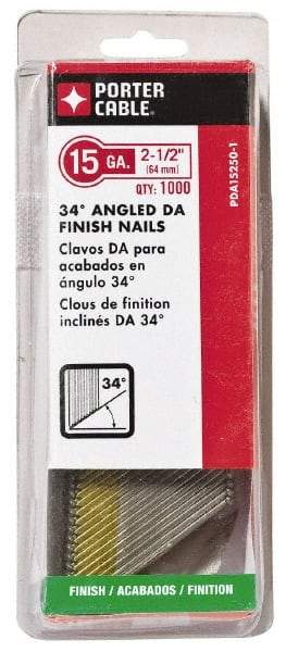 Porter-Cable - 15 Gauge 2-1/2" Long Finishing Nails for Power Nailers - Grade 2 Steel, Bright Finish, Angled Stick Collation, Chisel Point - Exact Industrial Supply