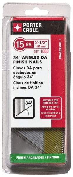 Porter-Cable - 15 Gauge 2-1/2" Long Finishing Nails for Power Nailers - Grade 2 Steel, Galvanized Finish, Angled Stick Collation, Chisel Point - Exact Industrial Supply