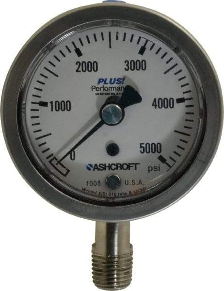 Ashcroft - 2-1/2" Dial, 1/4 Thread, 0-5,000 Scale Range, Pressure Gauge - Lower Connection Mount, Accurate to 3-2-3% of Scale - Exact Industrial Supply