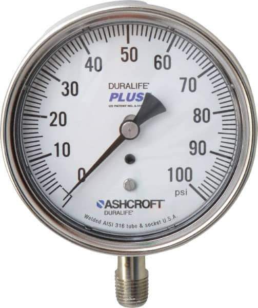 Ashcroft - 3-1/2" Dial, 1/4 Thread, 0-100 Scale Range, Pressure Gauge - Lower Connection Mount, Accurate to 1% of Scale - Exact Industrial Supply