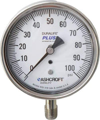 Ashcroft - 3-1/2" Dial, 1/4 Thread, 0-100 Scale Range, Pressure Gauge - Lower Connection Mount, Accurate to 1% of Scale - Exact Industrial Supply
