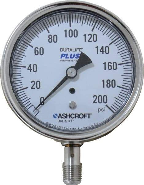 Ashcroft - 3-1/2" Dial, 1/4 Thread, 0-200 Scale Range, Pressure Gauge - Lower Connection Mount, Accurate to 1% of Scale - Exact Industrial Supply