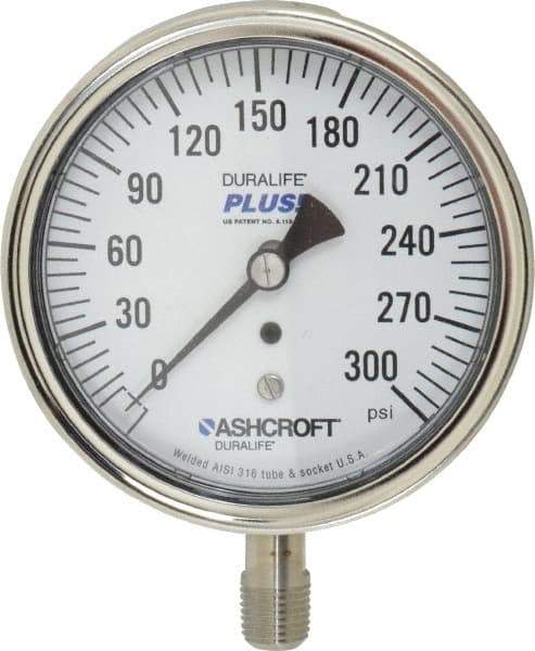 Ashcroft - 3-1/2" Dial, 1/4 Thread, 0-300 Scale Range, Pressure Gauge - Lower Connection Mount, Accurate to 1% of Scale - Exact Industrial Supply