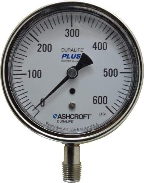 Ashcroft - 3-1/2" Dial, 1/4 Thread, 0-600 Scale Range, Pressure Gauge - Lower Connection Mount, Accurate to 1% of Scale - Exact Industrial Supply