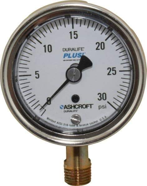 Ashcroft - 2-1/2" Dial, 1/4 Thread, 0-30 Scale Range, Pressure Gauge - Lower Connection Mount, Accurate to 1% of Scale - Exact Industrial Supply
