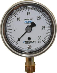 Ashcroft - 2-1/2" Dial, 1/4 Thread, 0-30 Scale Range, Pressure Gauge - Lower Connection Mount, Accurate to 1% of Scale - Exact Industrial Supply