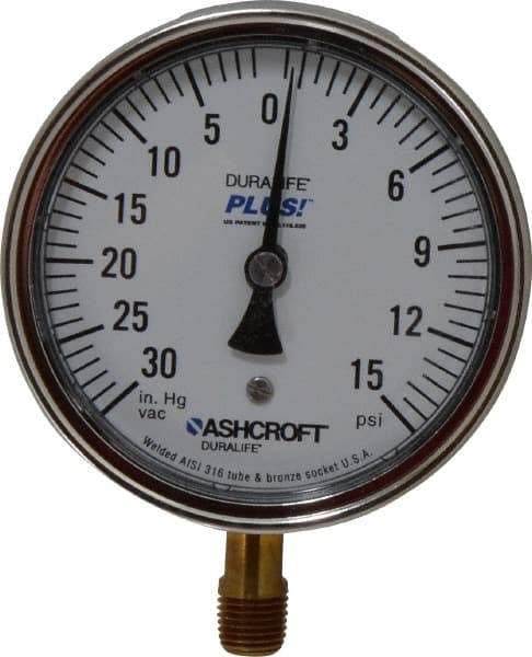 Ashcroft - 3-1/2" Dial, 1/4 Thread, 30-0-15 Scale Range, Pressure Gauge - Lower Connection Mount, Accurate to 1% of Scale - Exact Industrial Supply