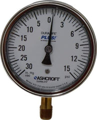 Ashcroft - 3-1/2" Dial, 1/4 Thread, 30-0-15 Scale Range, Pressure Gauge - Lower Connection Mount, Accurate to 1% of Scale - Exact Industrial Supply