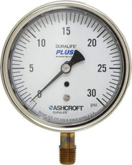 Ashcroft - 3-1/2" Dial, 1/4 Thread, 0-30 Scale Range, Pressure Gauge - Lower Connection Mount, Accurate to 1% of Scale - Exact Industrial Supply