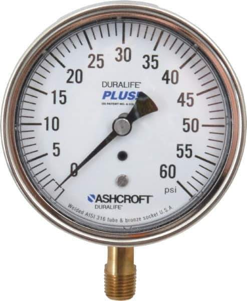 Ashcroft - 3-1/2" Dial, 1/4 Thread, 0-60 Scale Range, Pressure Gauge - Lower Connection Mount, Accurate to 1% of Scale - Exact Industrial Supply
