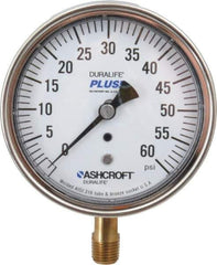Ashcroft - 3-1/2" Dial, 1/4 Thread, 0-60 Scale Range, Pressure Gauge - Lower Connection Mount, Accurate to 1% of Scale - Exact Industrial Supply