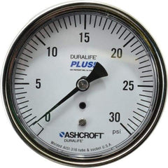 Ashcroft - 3-1/2" Dial, 1/4 Thread, 0-30 Scale Range, Pressure Gauge - Center Back Connection Mount, Accurate to 1% of Scale - Exact Industrial Supply