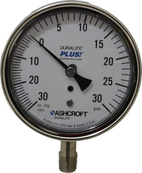 Ashcroft - 3-1/2" Dial, 1/4 Thread, 30-0-30 Scale Range, Pressure Gauge - Lower Connection Mount, Accurate to 1% of Scale - Exact Industrial Supply
