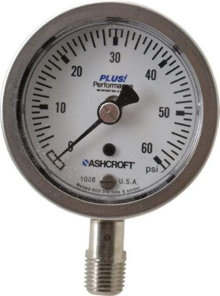 Ashcroft - 2-1/2" Dial, 1/4 Thread, 0-60 Scale Range, Pressure Gauge - Lower Connection Mount, Accurate to 3-2-3% of Scale - Exact Industrial Supply