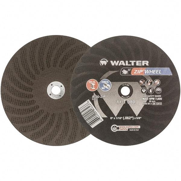 WALTER Surface Technologies - 8" 30 Grit Aluminum Oxide Cutoff Wheel - 1/16" Thick, 5/8" Arbor, 7,600 Max RPM, Use with Circular Saws - Exact Industrial Supply