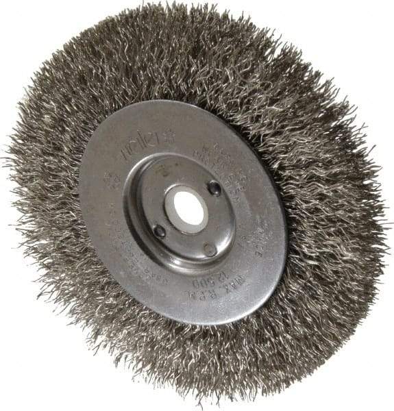 Weiler - 4" OD, 1/2" Arbor Hole, Crimped Stainless Steel Wheel Brush - 1/2" Face Width, 7/8" Trim Length, 0.0118" Filament Diam, 12,500 RPM - Exact Industrial Supply