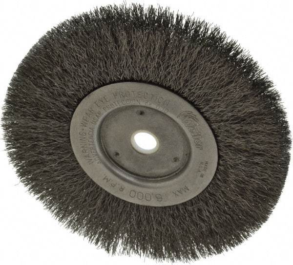 Weiler - 6" OD, 5/8" Arbor Hole, Crimped Steel Wheel Brush - 1/2" Face Width, 1-7/16" Trim Length, 0.008" Filament Diam, 6,000 RPM - Exact Industrial Supply
