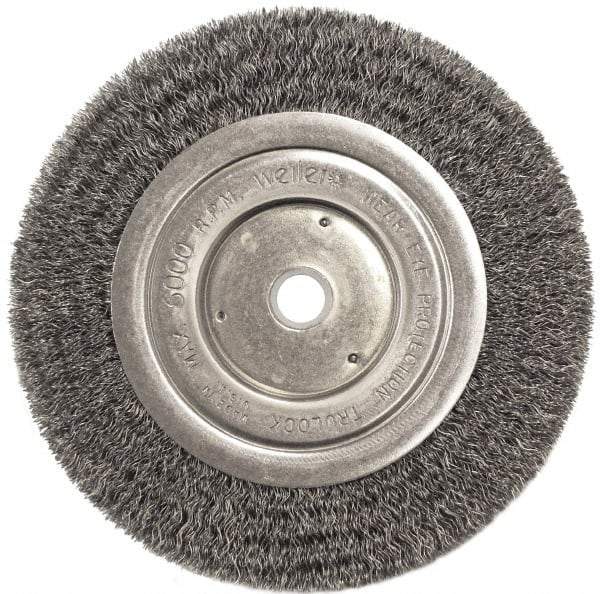 Weiler - 6" OD, 5/8" Arbor Hole, Crimped Steel Wheel Brush - 1/2" Face Width, 1-1/16" Trim Length, 0.0118" Filament Diam, 6,000 RPM - Exact Industrial Supply