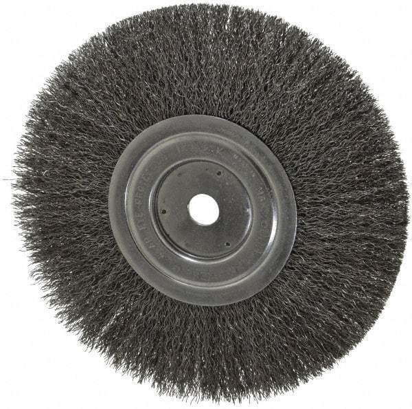 Weiler - 8" OD, 5/8" Arbor Hole, Crimped Steel Wheel Brush - 1/2" Face Width, 2-1/16" Trim Length, 0.0118" Filament Diam, 6,000 RPM - Exact Industrial Supply