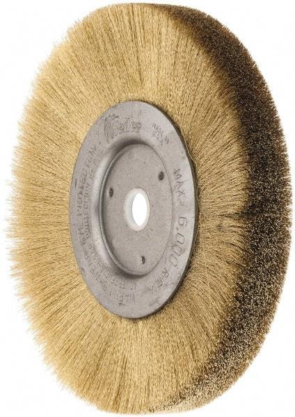 Weiler - 6" OD, 5/8" Arbor Hole, Crimped Brass Wheel Brush - 1/2" Face Width, 1-1/16" Trim Length, 0.005" Filament Diam, 6,000 RPM - Exact Industrial Supply