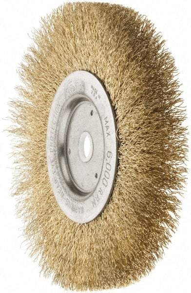 Weiler - 6" OD, 5/8" Arbor Hole, Crimped Brass Wheel Brush - 1/2" Face Width, 1-1/16" Trim Length, 0.0118" Filament Diam, 6,000 RPM - Exact Industrial Supply