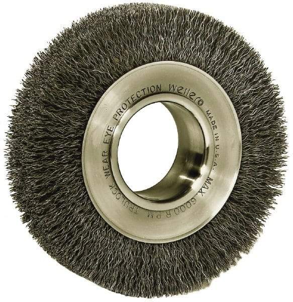 Weiler - 6" OD, 2" Arbor Hole, Crimped Steel Wheel Brush - 1-1/4" Face Width, 1-1/8" Trim Length, 0.006" Filament Diam, 6,000 RPM - Exact Industrial Supply