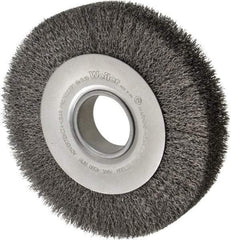 Weiler - 8" OD, 2" Arbor Hole, Crimped Steel Wheel Brush - 1-1/2" Face Width, 1-3/8" Trim Length, 0.014" Filament Diam, 4,500 RPM - Exact Industrial Supply