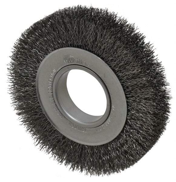 Weiler - 6" OD, 2" Arbor Hole, Crimped Steel Wheel Brush - 1" Face Width, 1-1/8" Trim Length, 0.014" Filament Diam, 6,000 RPM - Exact Industrial Supply