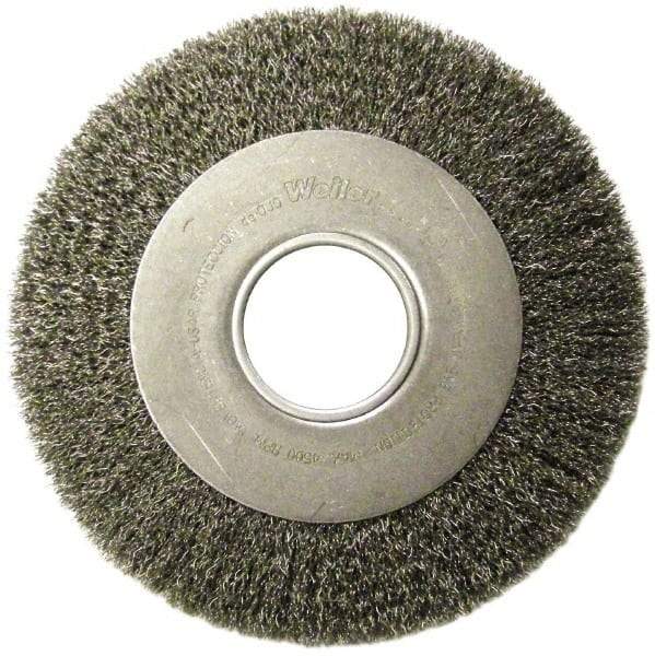 Weiler - 6" OD, 2" Arbor Hole, Crimped Steel Wheel Brush - 1" Face Width, 1-1/8" Trim Length, 0.006" Filament Diam, 6,000 RPM - Exact Industrial Supply