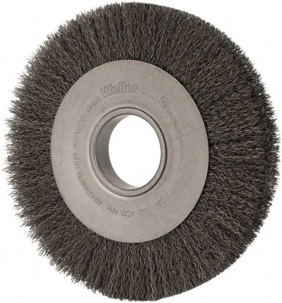 Weiler - 8" OD, 2" Arbor Hole, Crimped Steel Wheel Brush - 1" Face Width, 1-3/8" Trim Length, 0.014" Filament Diam, 4,500 RPM - Exact Industrial Supply