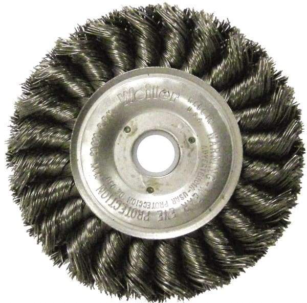 Weiler - 4" OD, 5/8" Arbor Hole, Knotted Steel Wheel Brush - 1/2" Face Width, 7/8" Trim Length, 0.014" Filament Diam, 20,000 RPM - Exact Industrial Supply