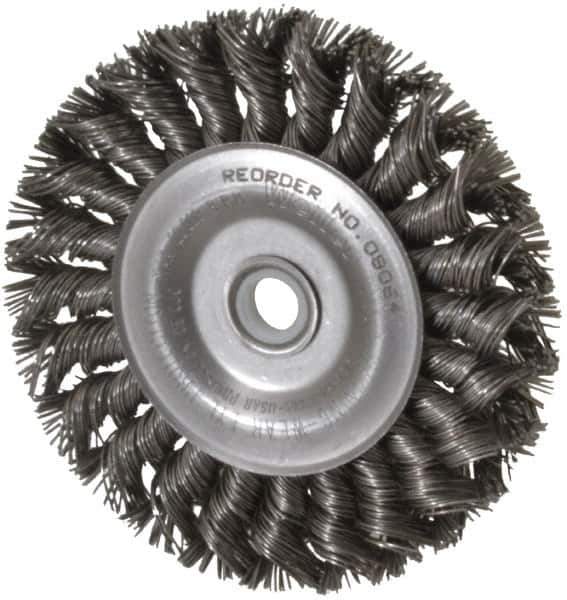 Weiler - 4" OD, 1/2" Arbor Hole, Knotted Steel Wheel Brush - 1/2" Face Width, 7/8" Trim Length, 0.02" Filament Diam, 20,000 RPM - Exact Industrial Supply