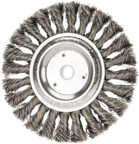 Weiler - 6" OD, 5/8" Arbor Hole, Knotted Steel Wheel Brush - 1/2" Face Width, 1-3/8" Trim Length, 0.016" Filament Diam, 9,000 RPM - Exact Industrial Supply