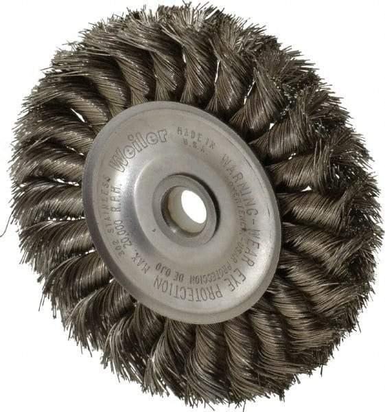 Weiler - 4" OD, 1/2" Arbor Hole, Knotted Stainless Steel Wheel Brush - 1/2" Face Width, 7/8" Trim Length, 0.0118" Filament Diam, 20,000 RPM - Exact Industrial Supply