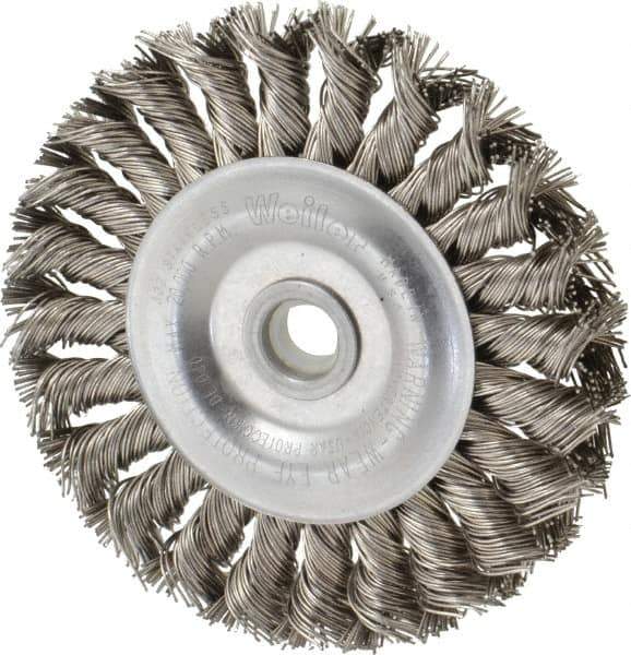 Weiler - 4" OD, 1/2" Arbor Hole, Knotted Stainless Steel Wheel Brush - 1/2" Face Width, 7/8" Trim Length, 0.02" Filament Diam, 20,000 RPM - Exact Industrial Supply