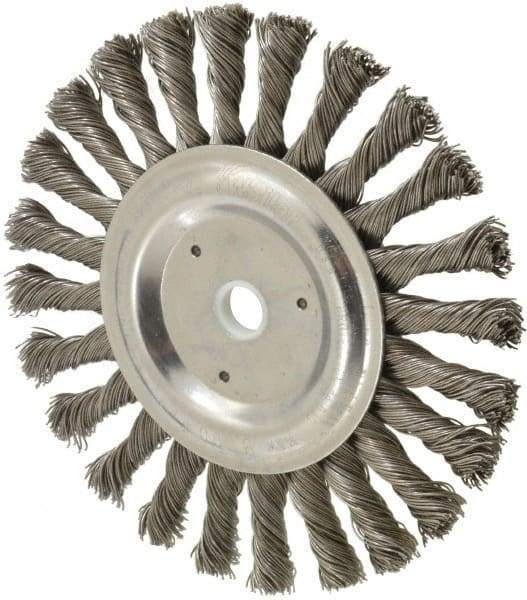 Weiler - 6" OD, 5/8" Arbor Hole, Knotted Steel Wheel Brush - 3/8" Face Width, 1-3/8" Trim Length, 0.023" Filament Diam, 9,000 RPM - Exact Industrial Supply