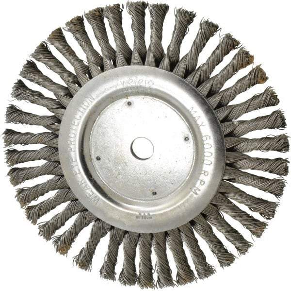 Weiler - 8" OD, 5/8" Arbor Hole, Knotted Steel Wheel Brush - 1/2" Face Width, 1-5/8" Trim Length, 0.023" Filament Diam, 6,000 RPM - Exact Industrial Supply