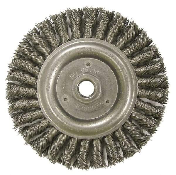 Weiler - 6" OD, 5/8-11 Arbor Hole, Knotted Steel Wheel Brush - 1/2" Face Width, 1-1/4" Trim Length, 0.023" Filament Diam, 12,500 RPM - Exact Industrial Supply