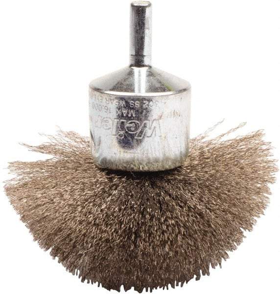 Weiler - 3" Brush Diam, Crimped, Flared End Brush - 1/4" Diam Shank, 16,000 Max RPM - Exact Industrial Supply