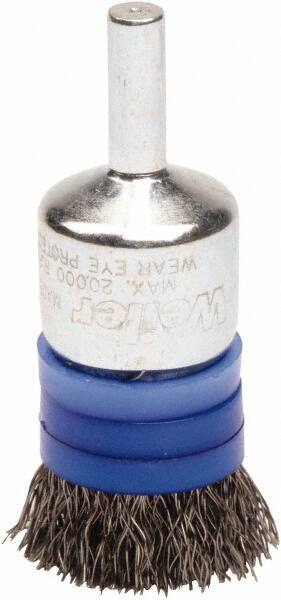 Weiler - 3/4" Brush Diam, Crimped, End Brush - 1/4" Diam Steel Shank, 20,000 Max RPM - Exact Industrial Supply