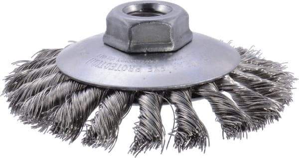 Weiler - 4" OD, 5/8-11 Arbor Hole, Knotted Stainless Steel Wheel Brush - 3/8" Face Width, 3/4" Trim Length, 0.014" Filament Diam, 12,500 RPM - Exact Industrial Supply