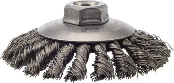 Weiler - 4-1/2" OD, 5/8-11 Arbor Hole, Knotted Steel Wheel Brush - 3/8" Face Width, 1" Trim Length, 0.02" Filament Diam, 12,500 RPM - Exact Industrial Supply
